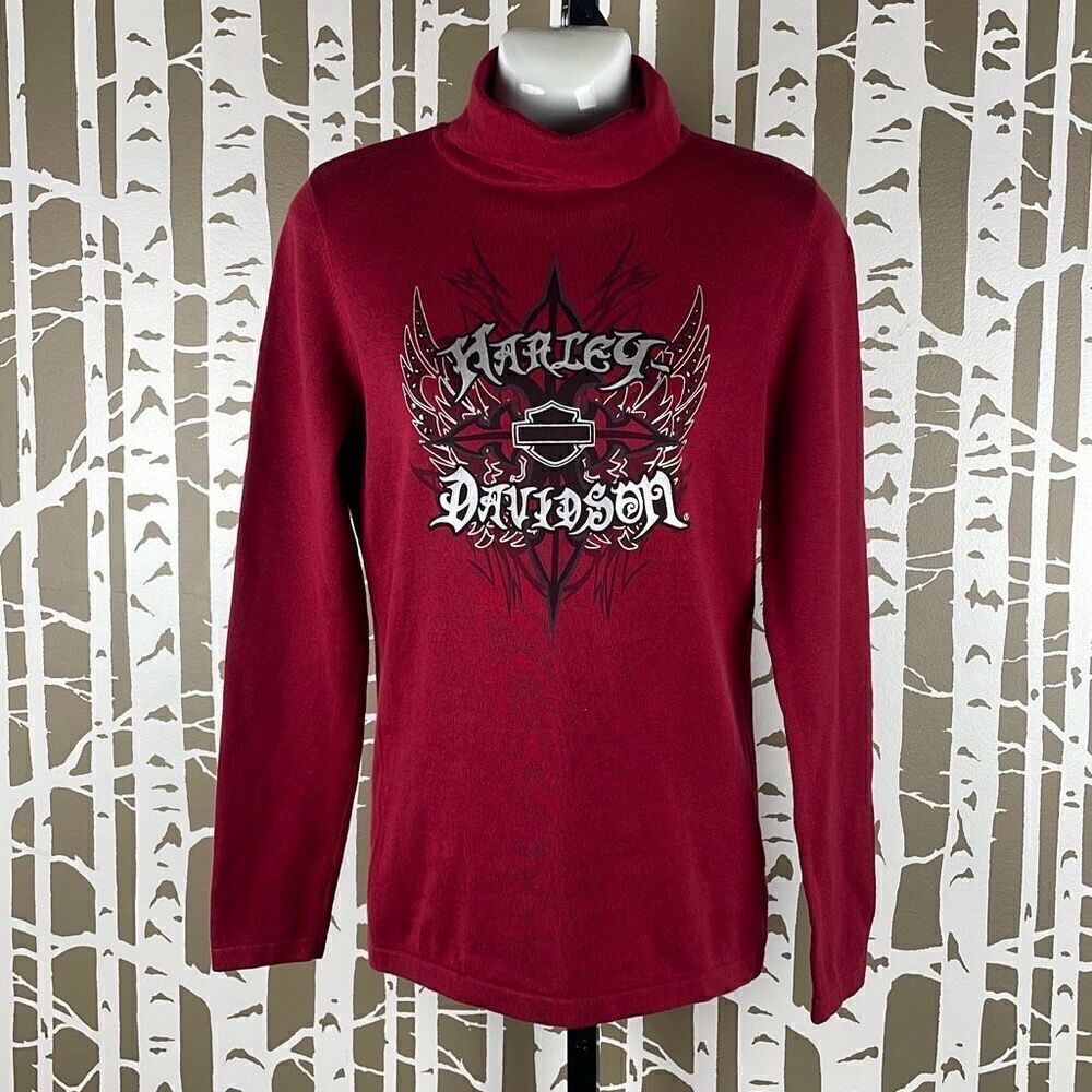 Harley-Davidson Y2K Turtleneck Studded Cotton Sweater Burgundy S